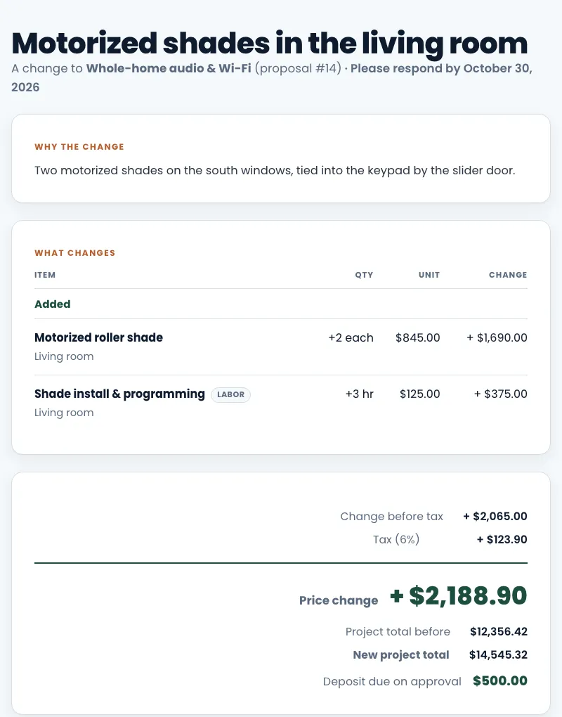 The customer's change order page