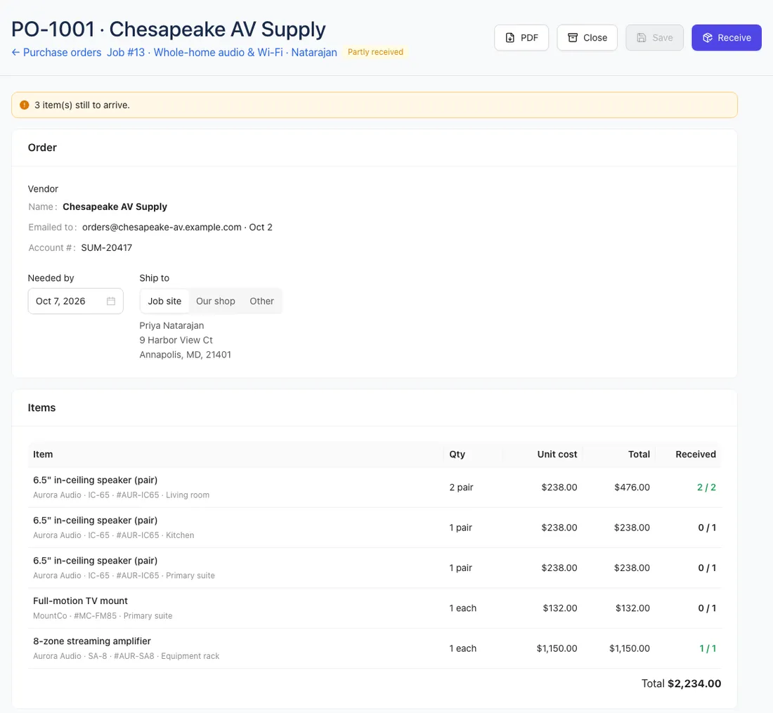 A purchase order that's partly received